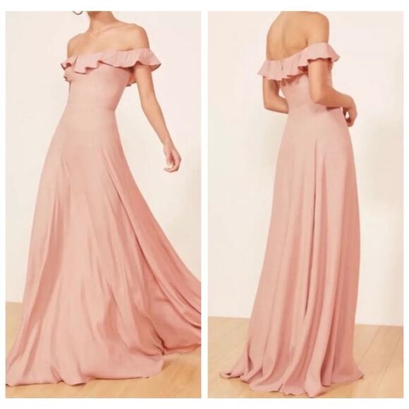 Reformation Verbena Off the Shoulder Ruffle Gown Short Sleeve Blush Pink Size 8 - Picture 1 of 13